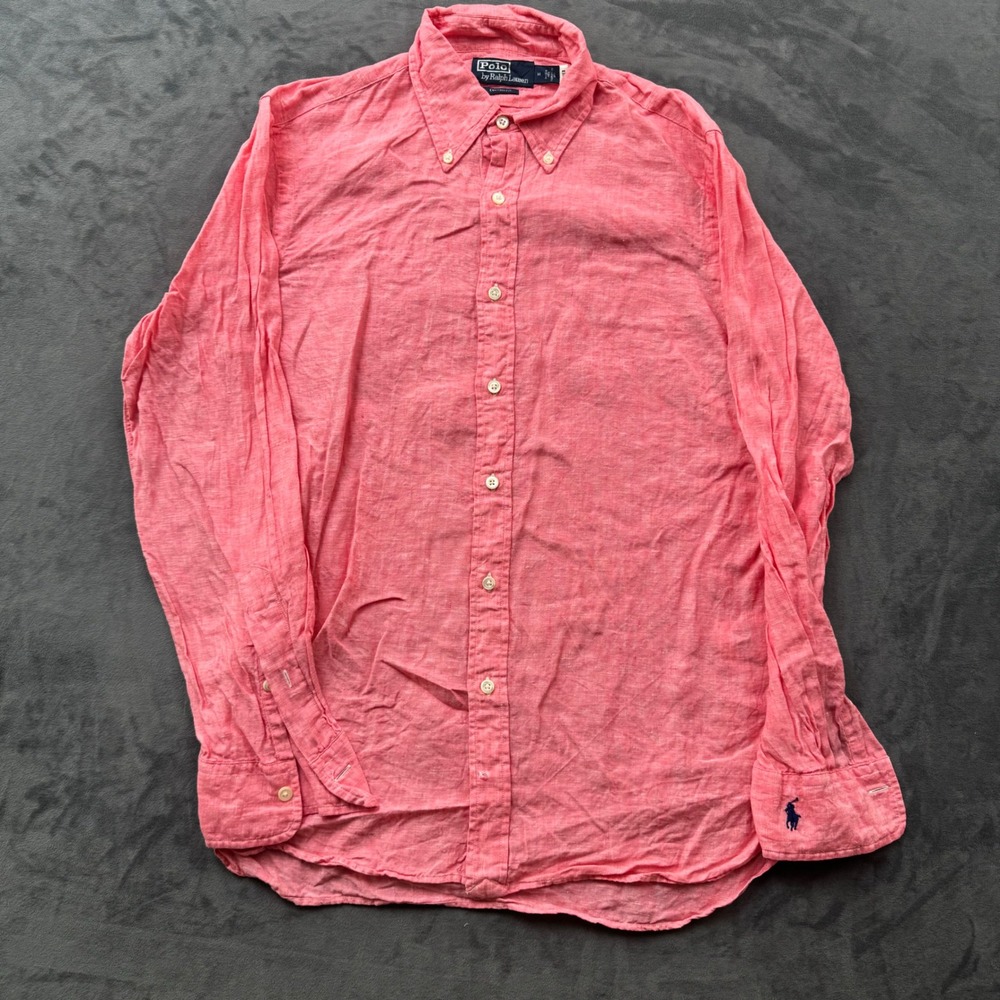 Polo Ralph Lauren Mens M Custom Fit Linen Button Down Shirt Salmon Pink Long Slv